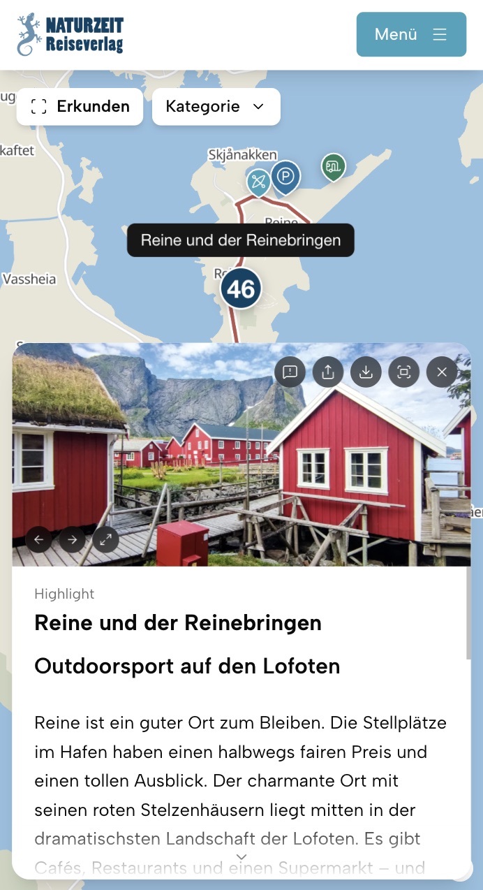 Digi-Guide „Nordwärts“: interaktive Karte mit dem Highlight Reine und der Reinebringen auf den Lofoten